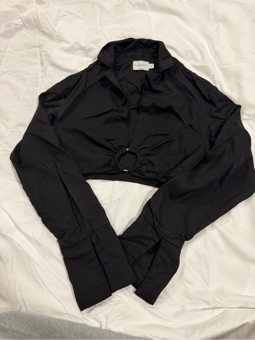 Cropped Long-Sleeve Ring-Front Top in Black